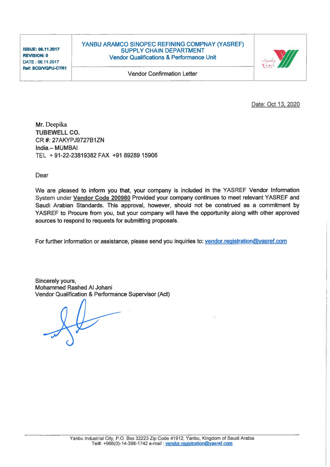 Tubewell YASREF Vendor Approval Letter